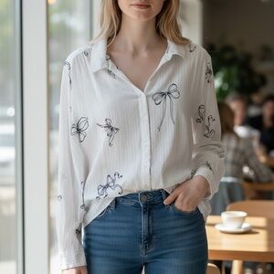 Women’s White Button-Up Shirt with Black Bow Print